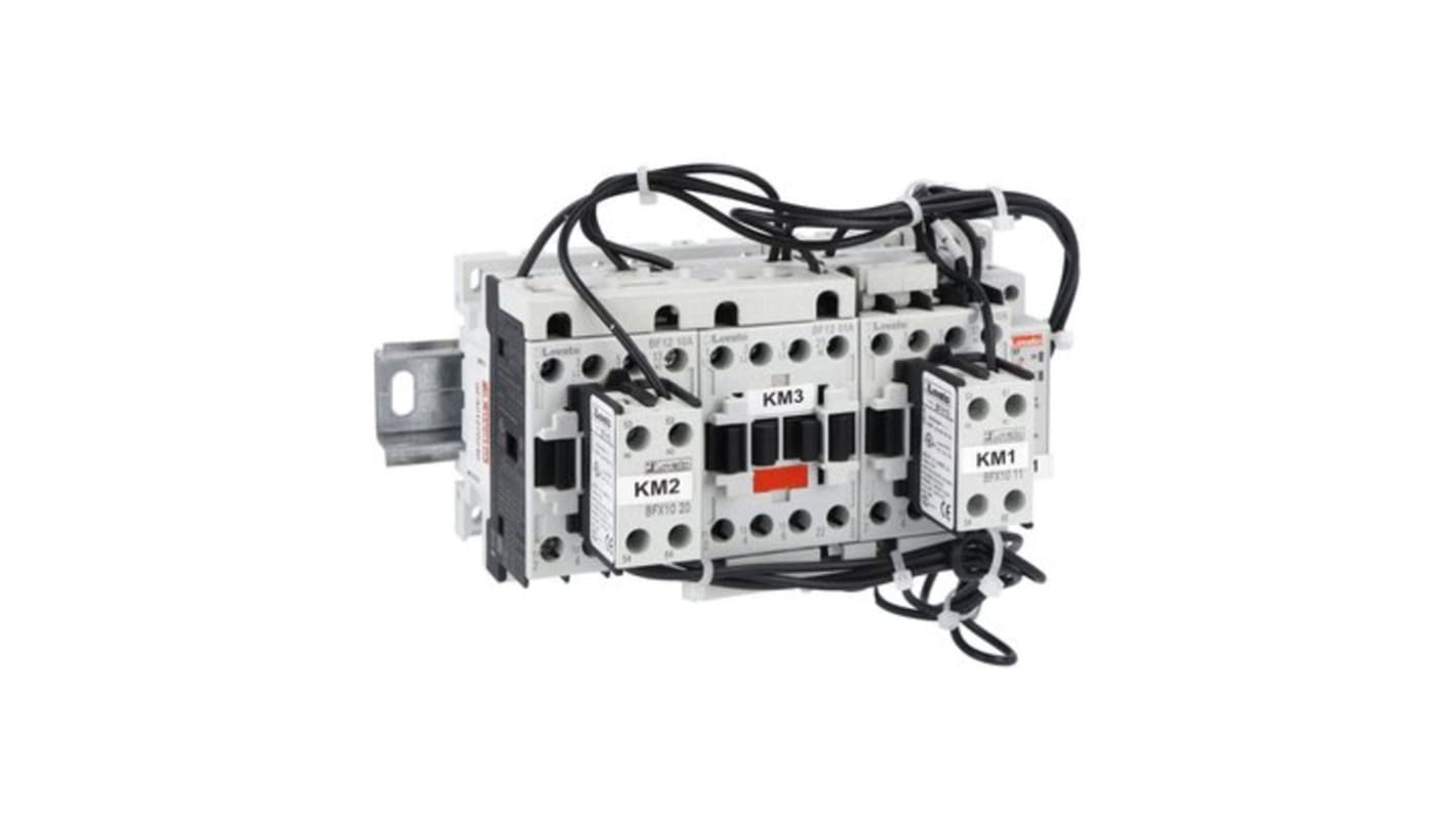 Avviatore stella-triangolo Lovato BFA01270110, 3 fasi, 11 kW, 440 V, 22 A, telaio aperto, con contatti ausiliari BFX1020 e BFX1011.