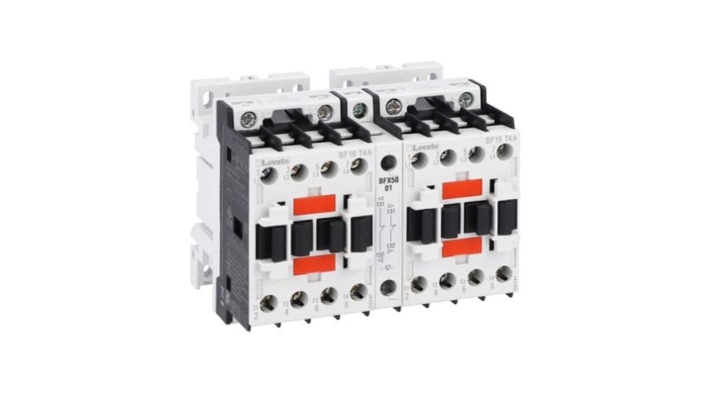 Contattore Lovato BFC18T4A230, 32 A, 230 V c.a., 2NC, montaggio laterale, peso 786 g, interblocco integrato.