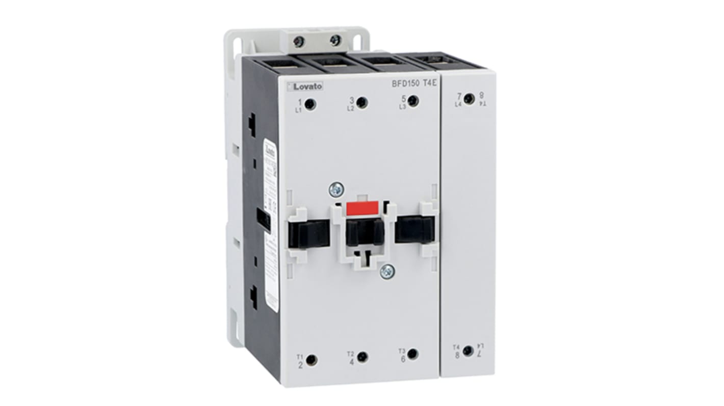 Contattore Lovato BFD150T4E230, 4 poli, 100 A, montaggio su guida DIN, protezione IP20, conforme a IEC 60529.