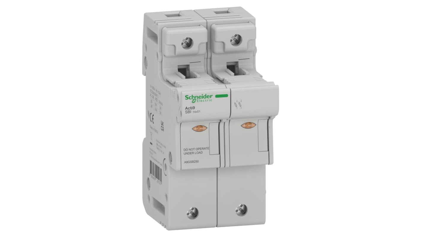 Sezionatore portafusibili Schneider Electric A9GSB250, 50A, 2 poli, montaggio su guida DIN, tensione 690V, protezione sovraccarichi.