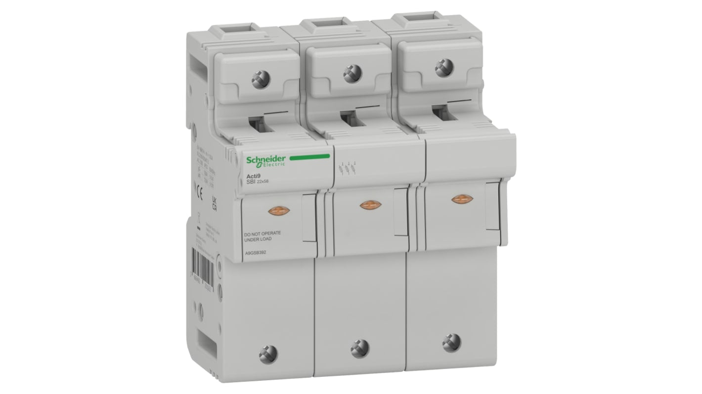 Sezionatore portafusibili integrato Schneider Electric A9GSB392, 3 poli, montaggio su guida DIN, corrente massima 125A.