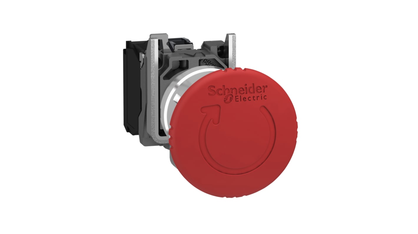 Pulsante di arresto di emergenza rotondo Schneider Electric, montaggio a pannello, IP66/IP67/IP69K, 22.5mm, 3A, -40 a 70 gradi.