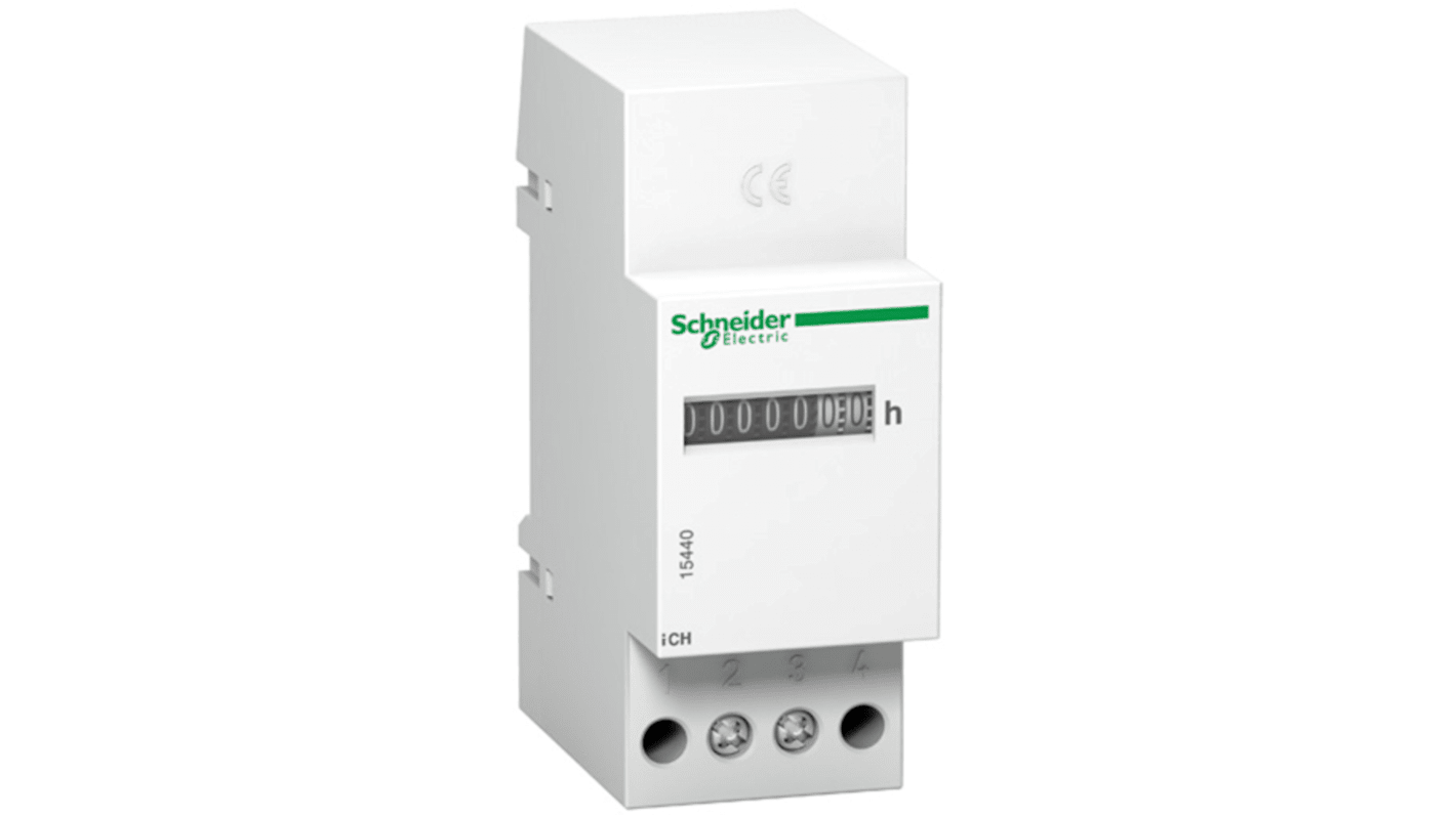 Contatore orario elettromeccanico Schneider Electric 15440 per guida DIN, 230V, 4 canali. Monitora le ore di funzionamento e pianifica la manutenzione. Conformità ROHS e senza mercurio.