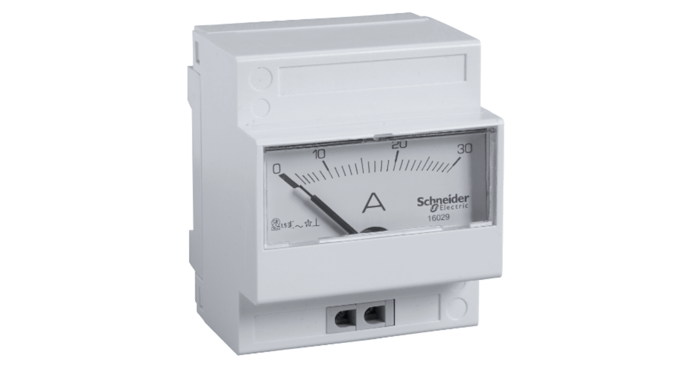 Amperometro analogico Schneider Electric 16029, max 30A, corrente alternata, profondità 66mm, classe 1.5, conforme IEC.