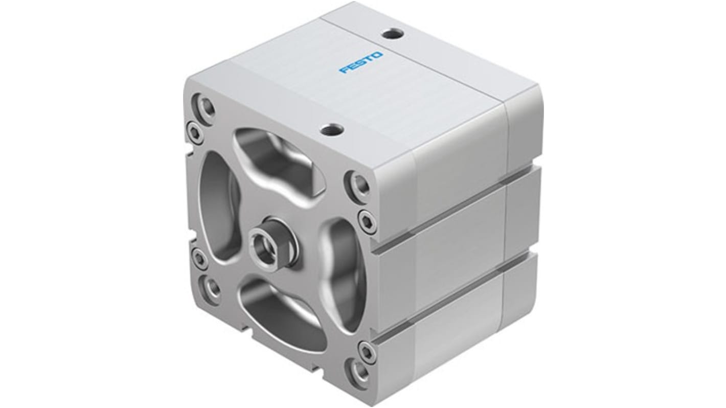 Cilindro pneumatico compatto Festo ADN10030IPPSA, doppio effetto, foro 100mm, corsa 30mm, rilevamento posizione con interruttori di prossimità.