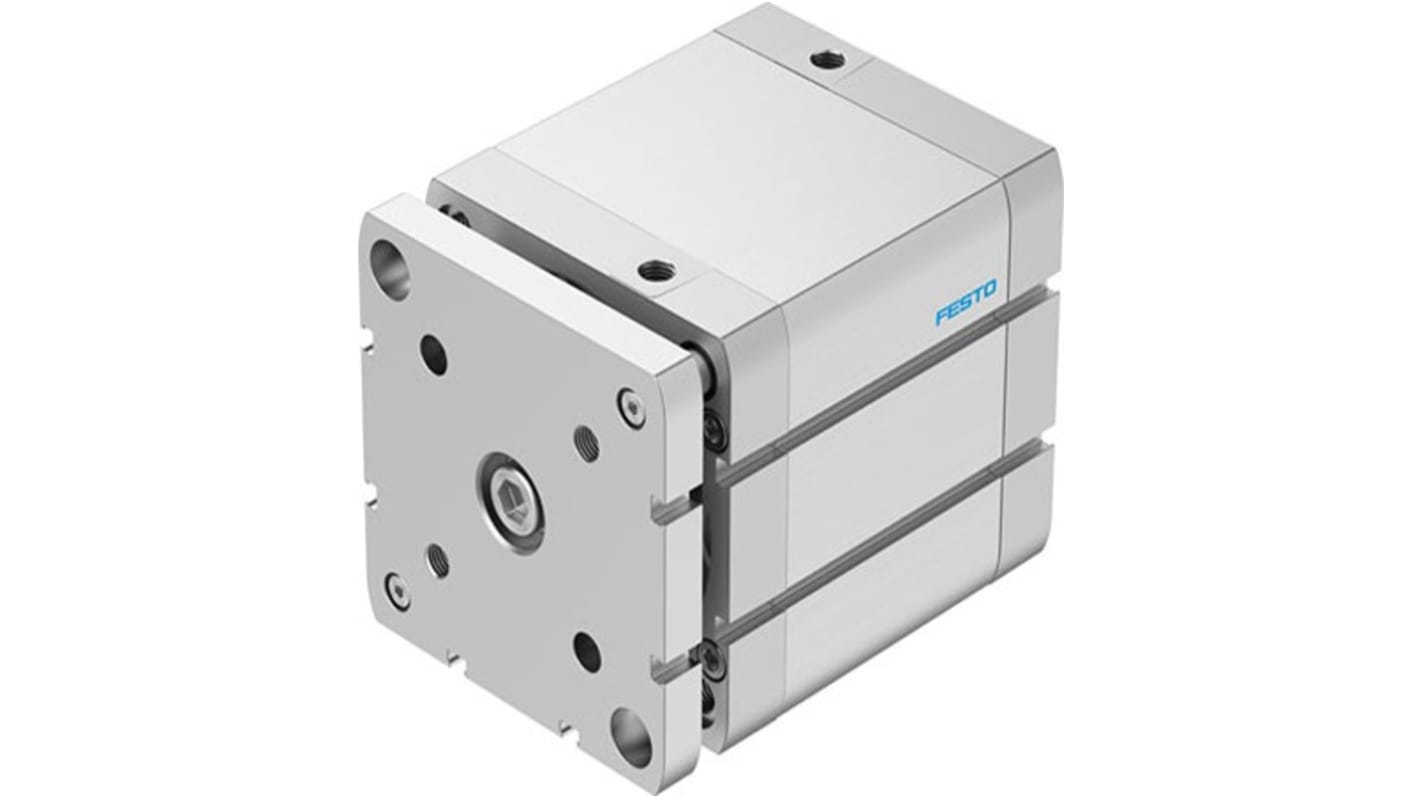 Cilindro pneumatico compatto Festo ADNGF-100-60-P-A, doppio effetto, foro 100mm, corsa 60mm, con rilevamento posizione.