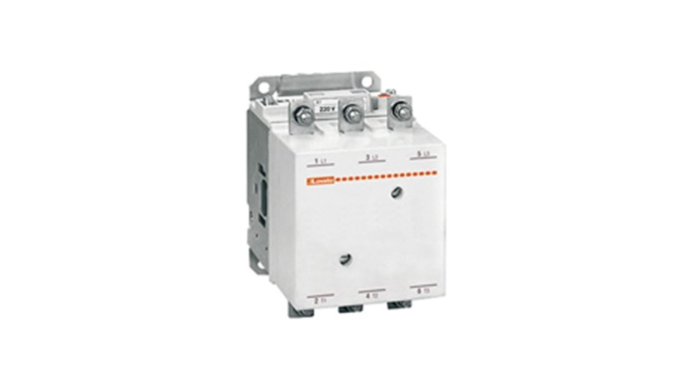 Contattore tripolare Lovato 11B25000110, tensione bobina 125 V, corrente nominale 265 A, fusibile integrato.