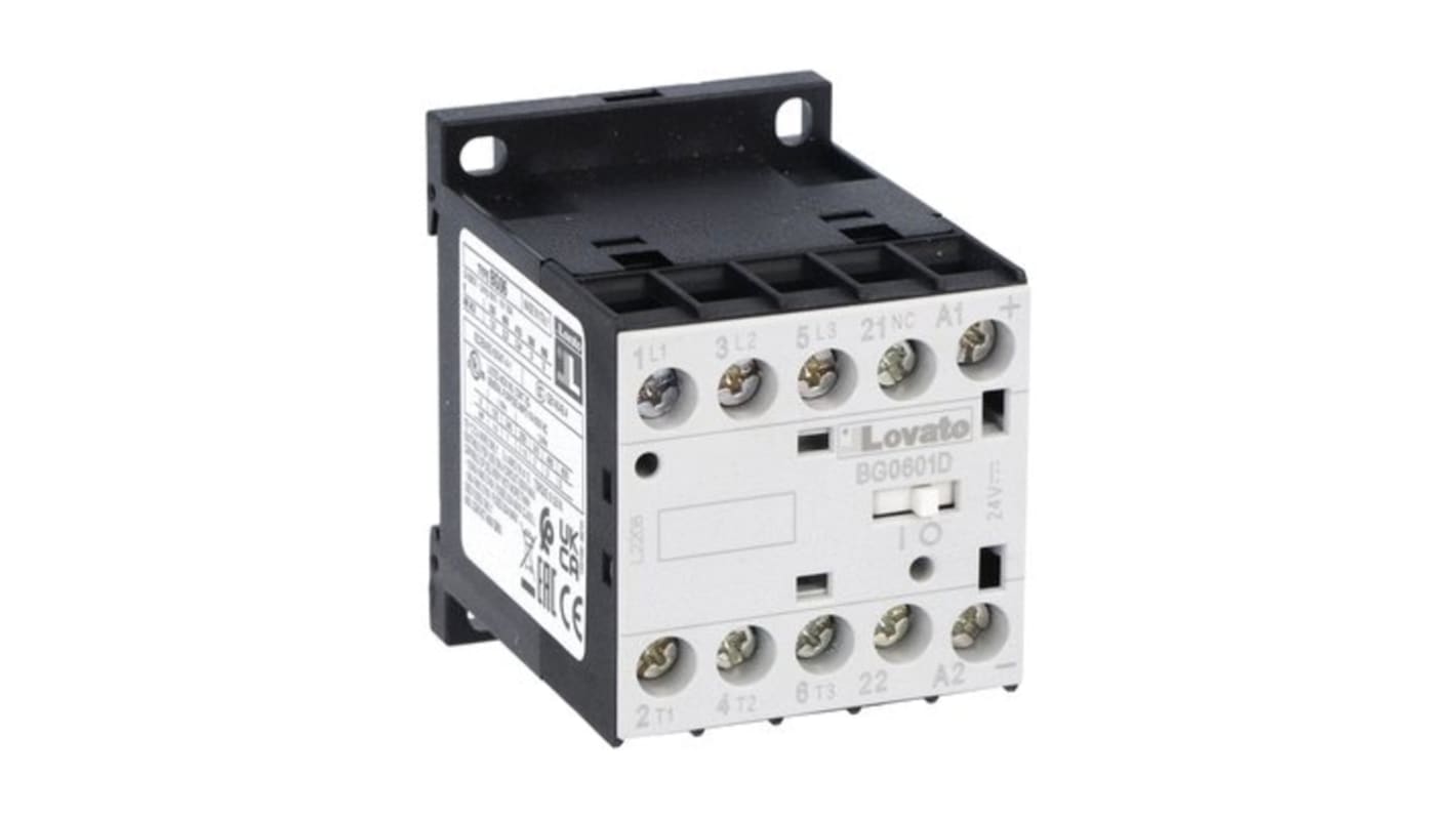 Contattore tripolare Lovato 11BG0601D220, 3 poli, 6 A, bobina 220 V c.c., tensione contatto 690 V, progettato per applicazioni industriali.