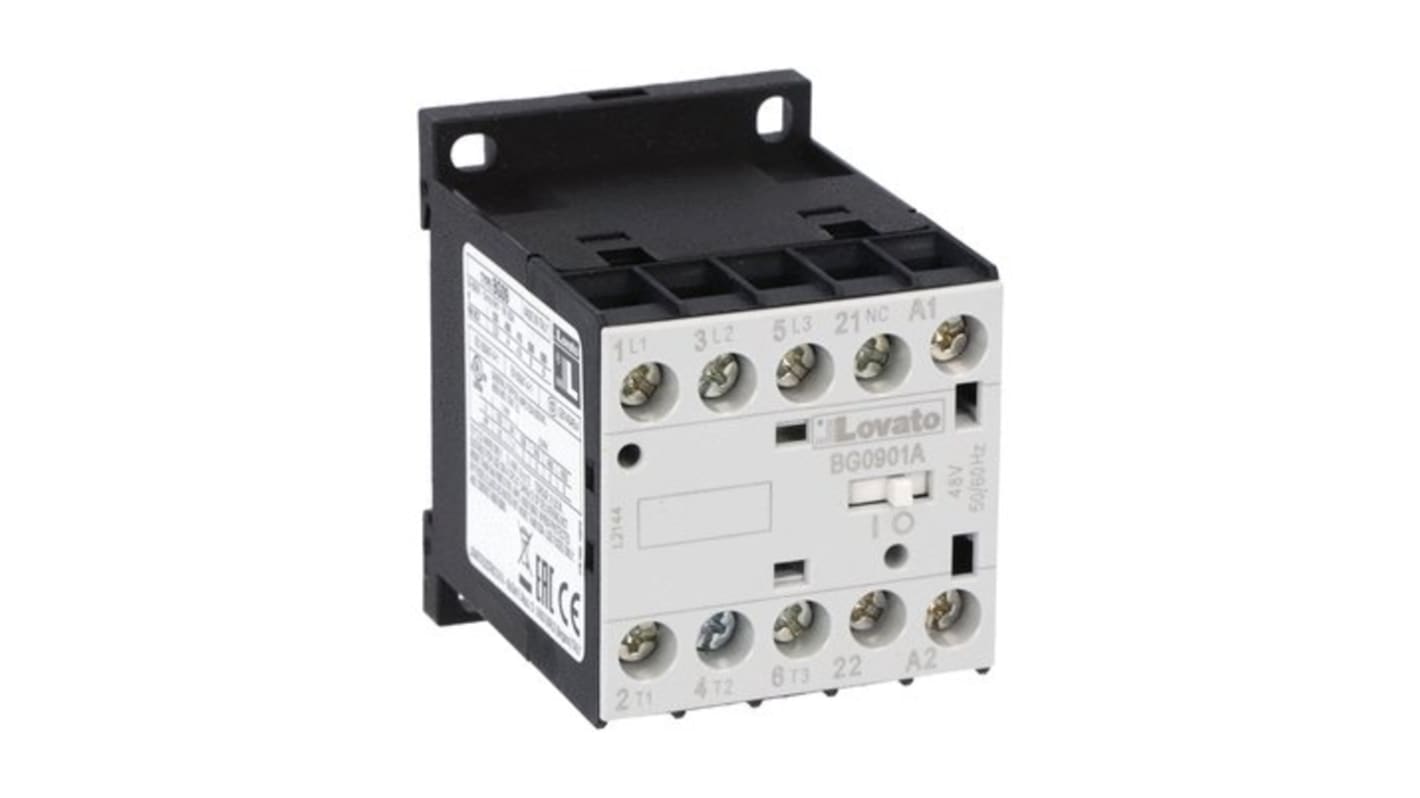Contattore tripolare Lovato 11BG0901A04860, 3 poli, 9 A, bobina 48 V, tensione contatto 690 V, progettato per applicazioni industriali.