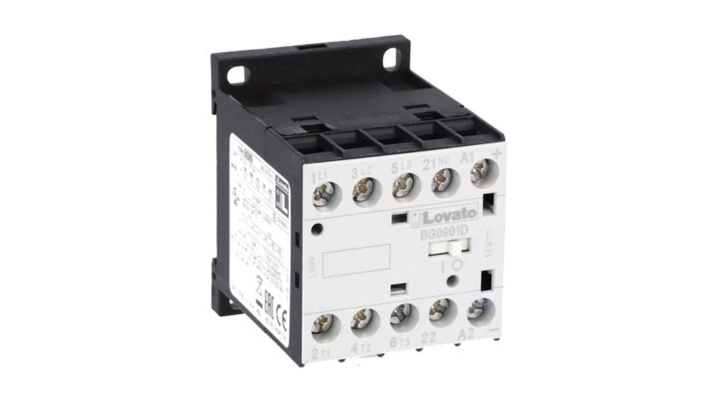 Contattore Lovato 11BG0901D110, 3 poli, 9 A, bobina 110 V c.c., tensione contatto 690 V, progettato per applicazioni industriali.