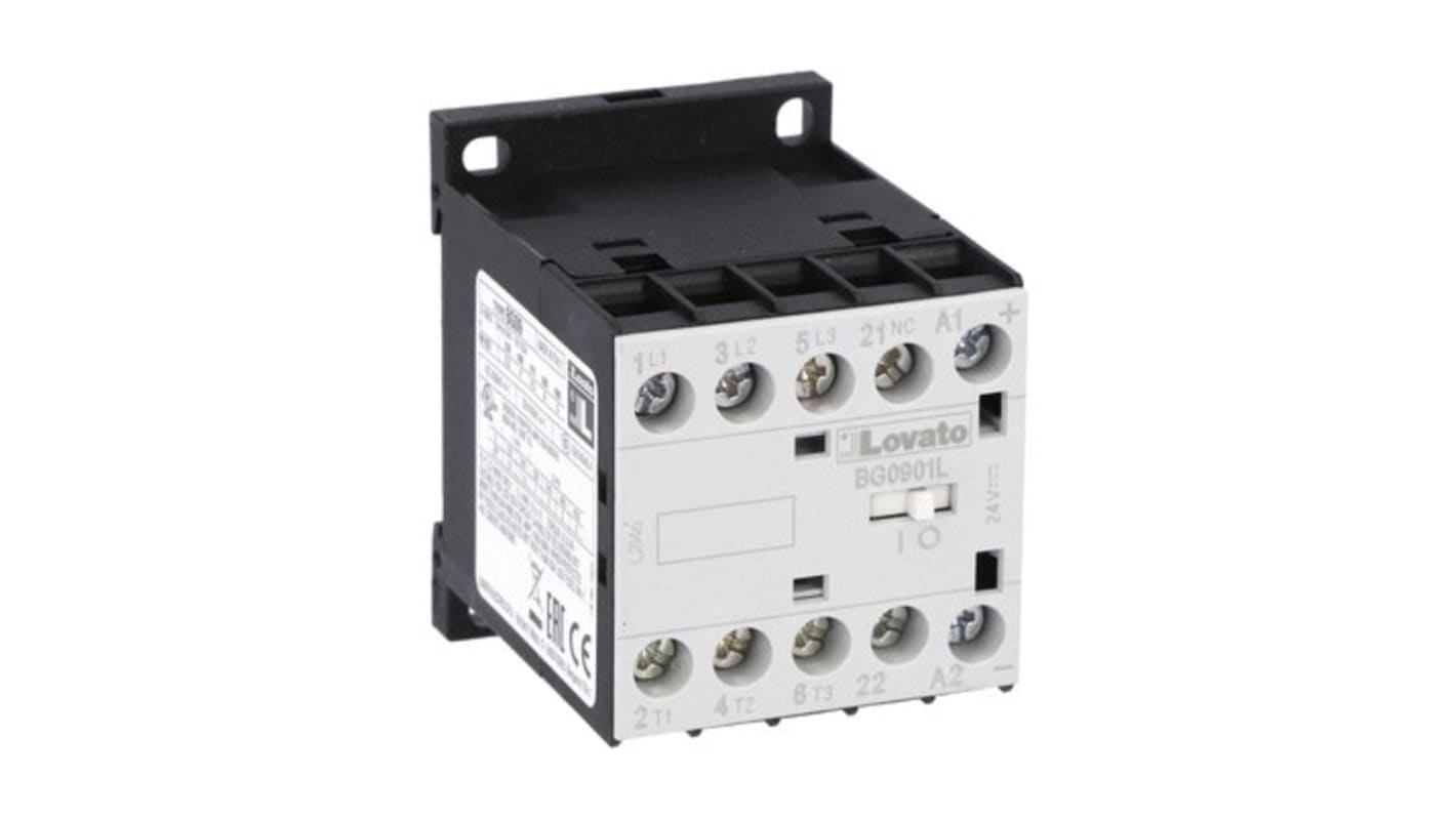 Contattore Lovato 11BG0901L048, 3 poli, 9 A, 5 kW, bobina 48 V, con contatto ausiliario, montaggio su PCB.
