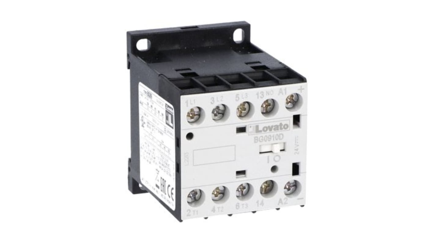 Contattore Lovato 11BG0910D220, 3 poli, 1 NA, 9 A, bobina 220 V c.c., tensione contatto 690 V, montaggio su circuito stampato.