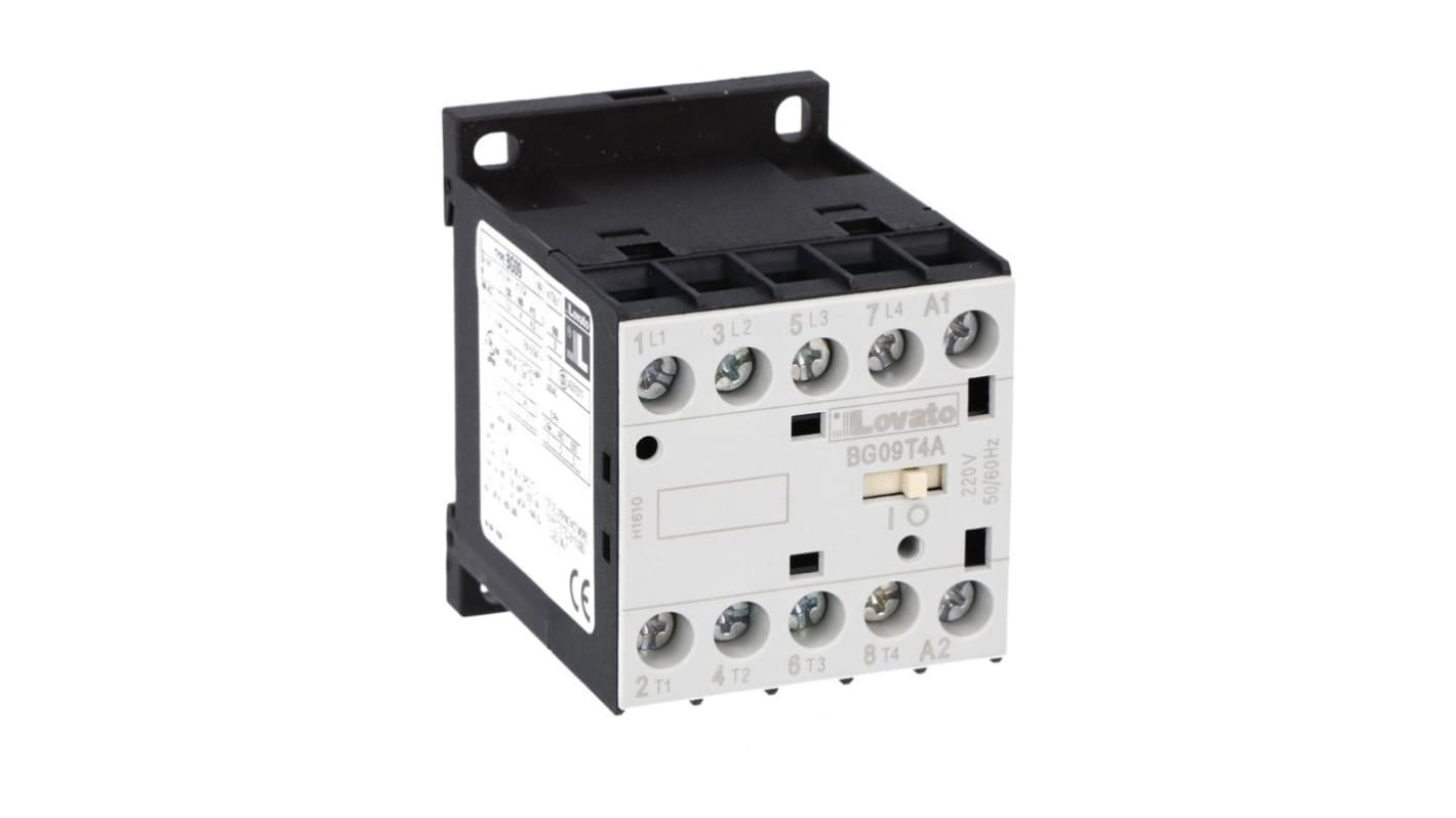 Contattore Lovato 11BG09T4A23060, 4 poli, 9 A, 22 kW, bobina 230 V, con contatto ausiliario e fusibile di protezione.