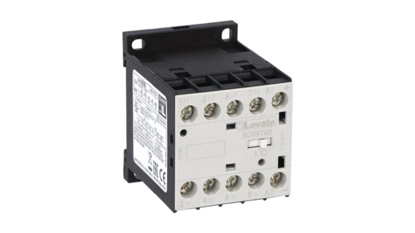 Contattore Lovato 11BG09T4D060, 4 poli, 4 A, 22 kW, bobina 60 V c.c., tensione contatto 690 V, con contatto ausiliario.