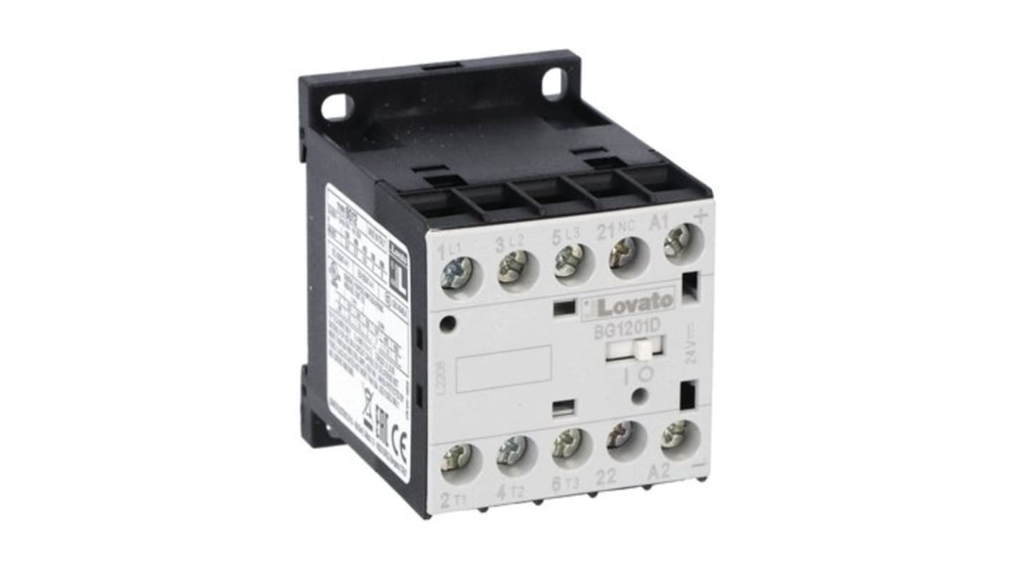 Contattore tripolare Lovato 11BG1201D060, serie BG12, 3 poli, 12 A, bobina 60 V c.c., tensione contatto 690 V.