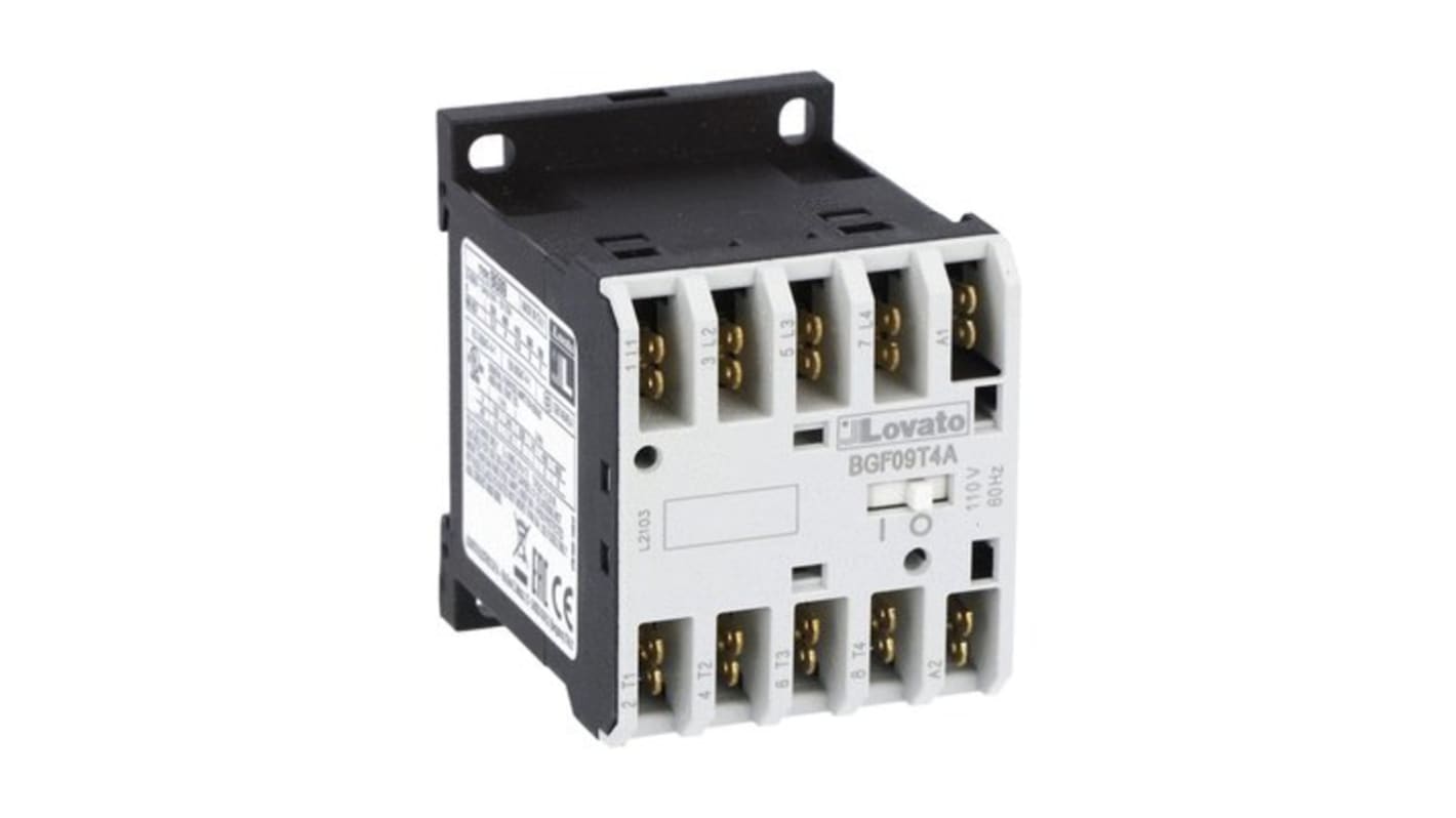 Contattore Lovato 11BGF09T4A230, 4 poli, 4 A, 22 kW, bobina 230 V c.a., con contatto ausiliario e terminali faston.