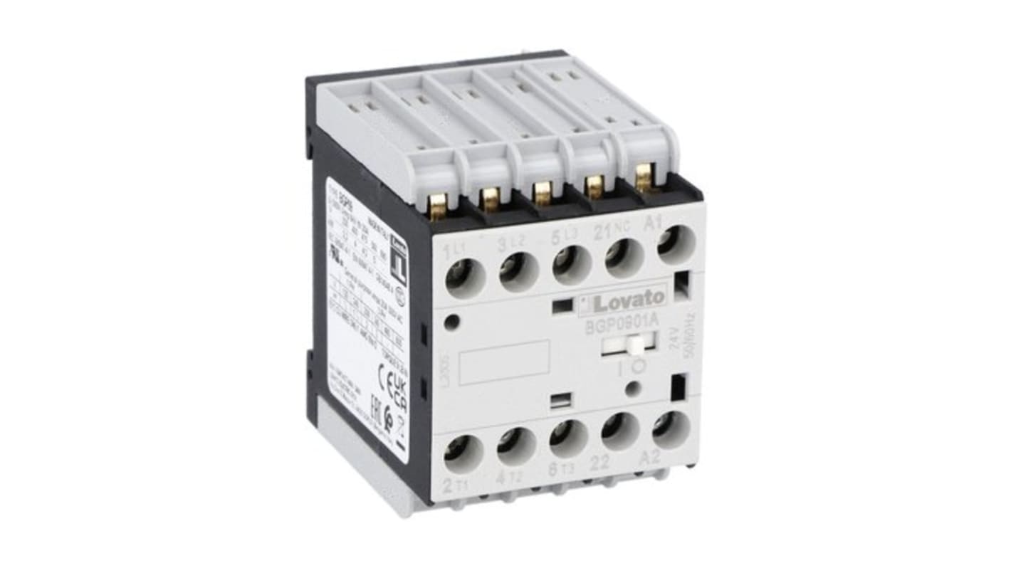 Contattore Lovato 11BGP0901A22060, 3 poli, 9 A, bobina 220 V c.a., tensione contatto 690 V, montaggio su circuito stampato.