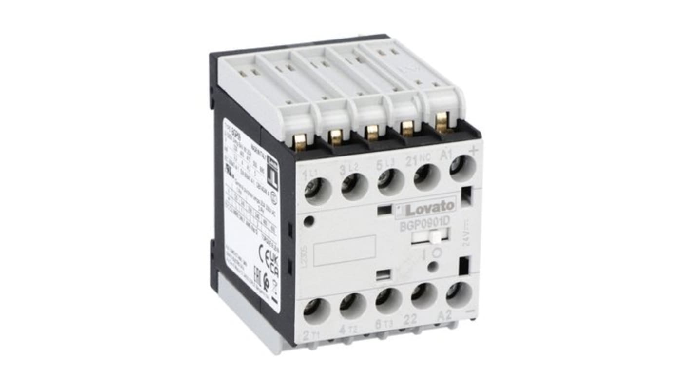 Contattore Lovato 11BGP0901D024, 3 poli, 1NC, 9 A, bobina 24 V, per montaggio su circuito stampato, tensione 690 V.