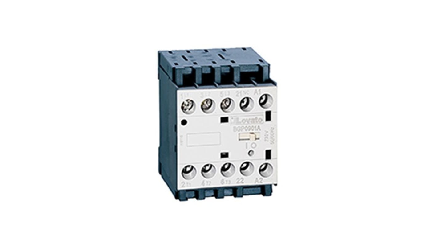 Contattore Lovato 11BGP09T4D220, 4 poli, 4 A, 22 kW, bobina 220 V c.c., contatto nominale 690 V, montaggio su PCB.