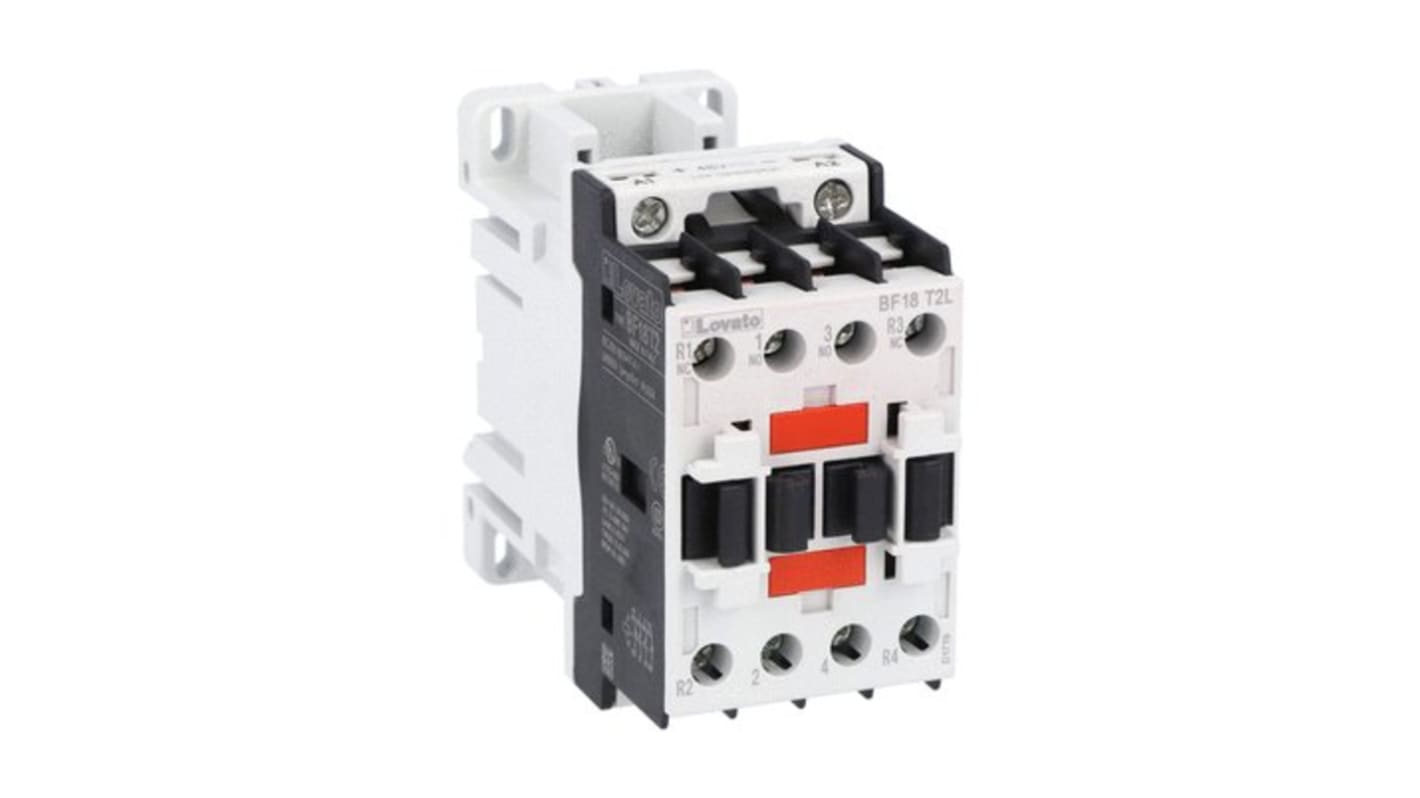 Contattore Lovato BF18T2L048, 4 poli, 2NO+2NC, 32 A, bobina 48 V, tensione contatto 690 V, progettato per applicazioni fotovoltaiche.