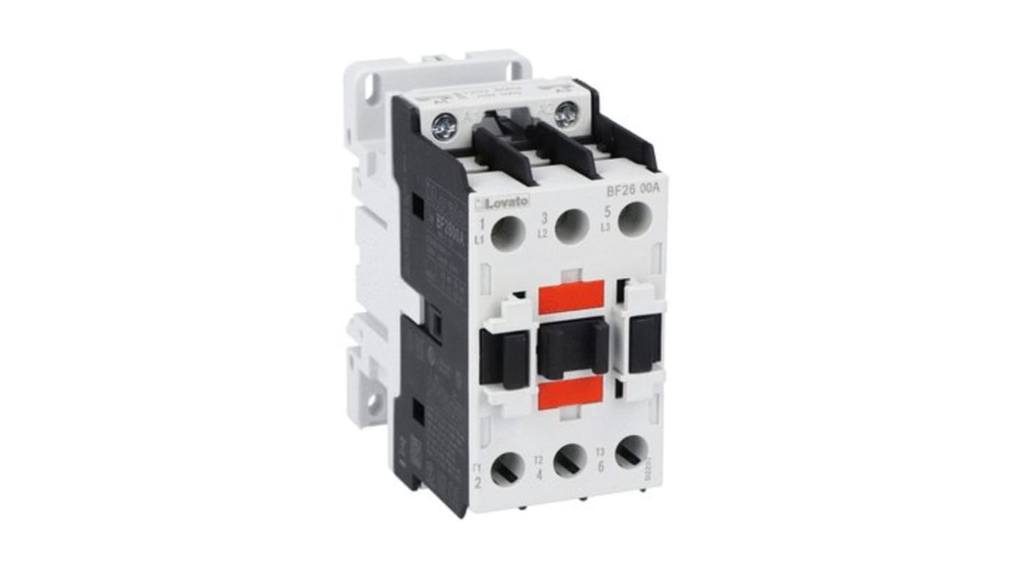Contattore tripolare Lovato BF2600A22060, 26 A, 18,5 kW, bobina 220 V, tensione contatto 690 V, progettato per applicazioni industriali.