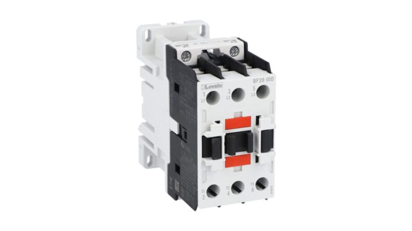 Contattore tripolare Lovato BF2600D220, 26 A, 690 V, bobina 220 V c.c., progettato per applicazioni industriali.