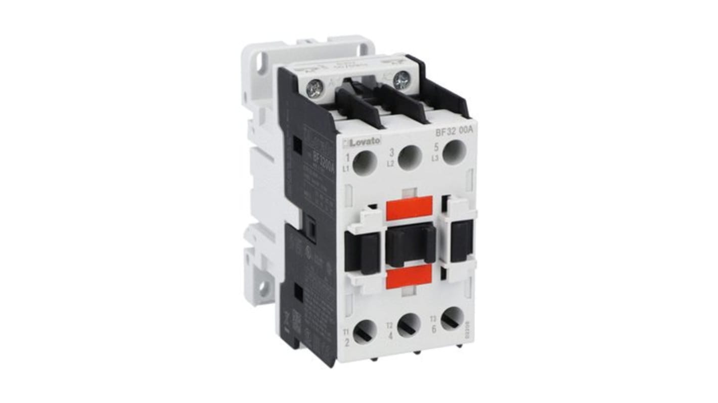 Contattore tripolare Lovato BF3200A57560, 32 A, 22 kW, bobina 575 V, tensione contatto 690 V, progettato per applicazioni industriali.