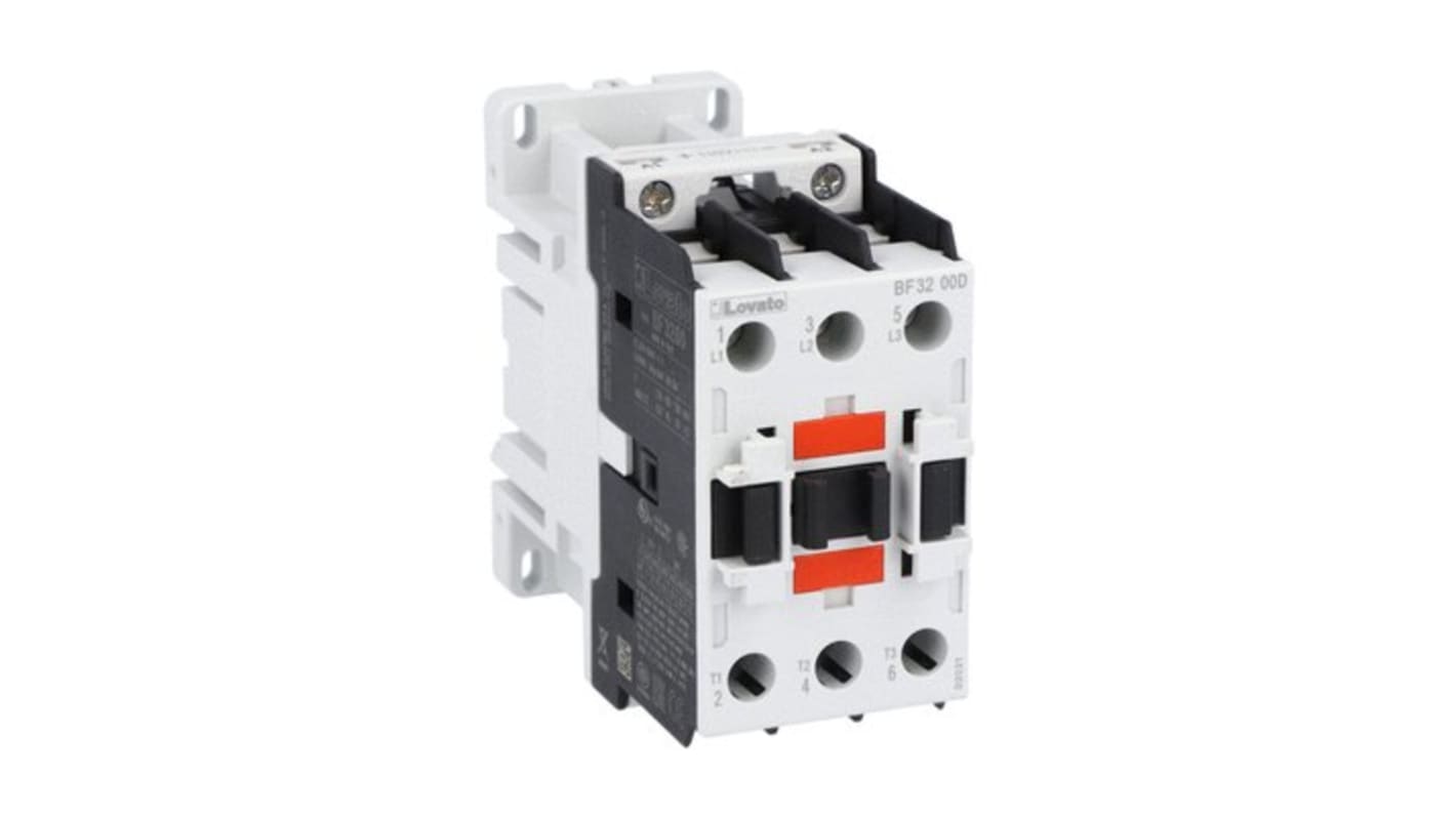 Contattore tripolare Lovato BF3200D012, 32 A, 22 kW, bobina 12 V, tensione contatti 690 V, progettato per applicazioni industriali.