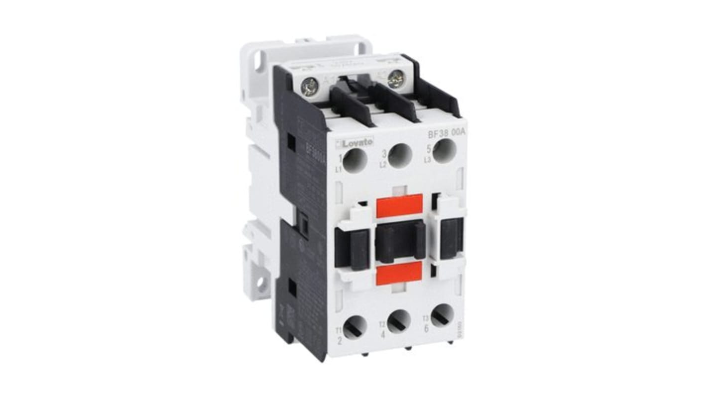 Contattore tripolare Lovato BF3800A02460, 3 poli, 38 A, bobina 24 V, tensione contatto 690 V, compatibile EMC.
