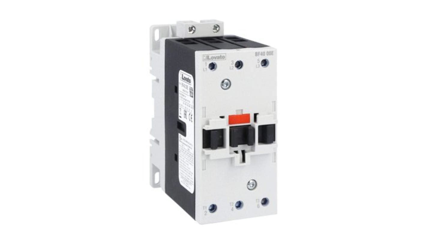 Contattore tripolare Lovato BF4000E110, 40 A, bobina 110 V, tensione contatto 690 V, progettato per applicazioni industriali.
