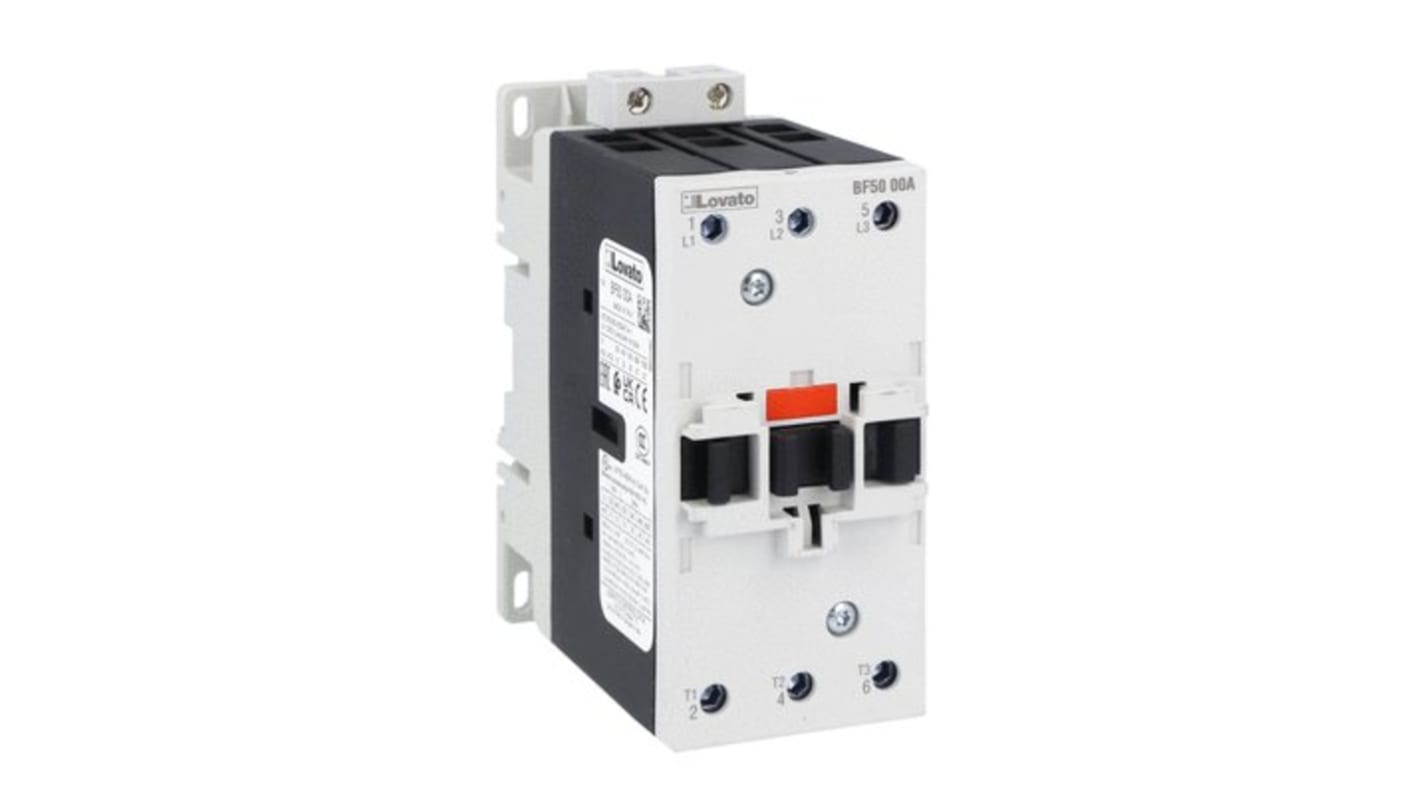 Contattore tripolare Lovato BF5000A04860, 50 A, bobina 48 V c.a., tensione contatto 690 V, progettato per applicazioni industriali.