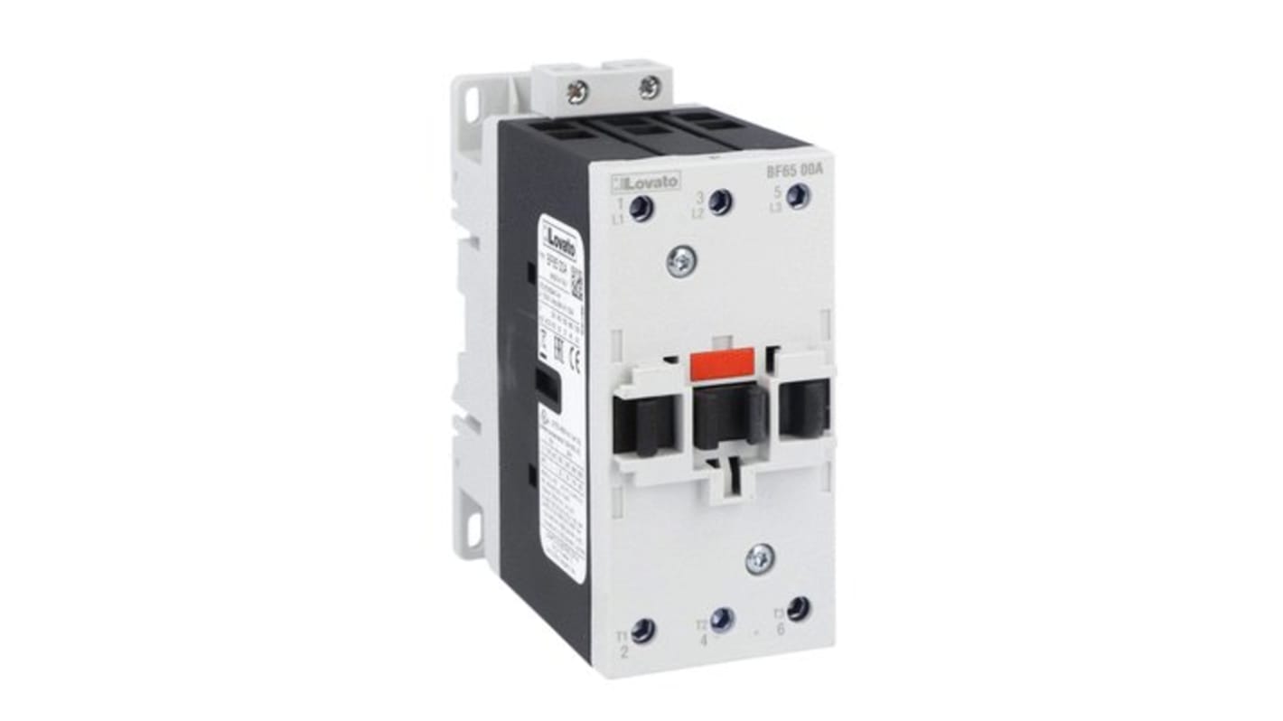 Contattore tripolare Lovato BF6500A46060, 3 poli, 65 A, bobina 460 V CA, tensione contatto 690 V, progettato per applicazioni industriali.