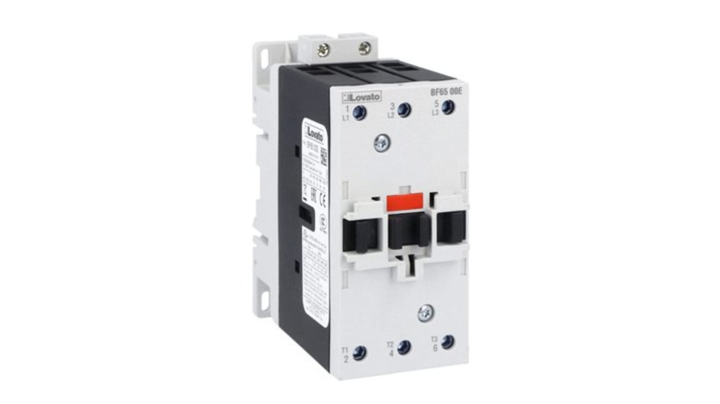 Contattore tripolare Lovato BF6500E110, 3 poli, 65 A, bobina 110 V, tensione contatto 690 V, progettato per applicazioni industriali.
