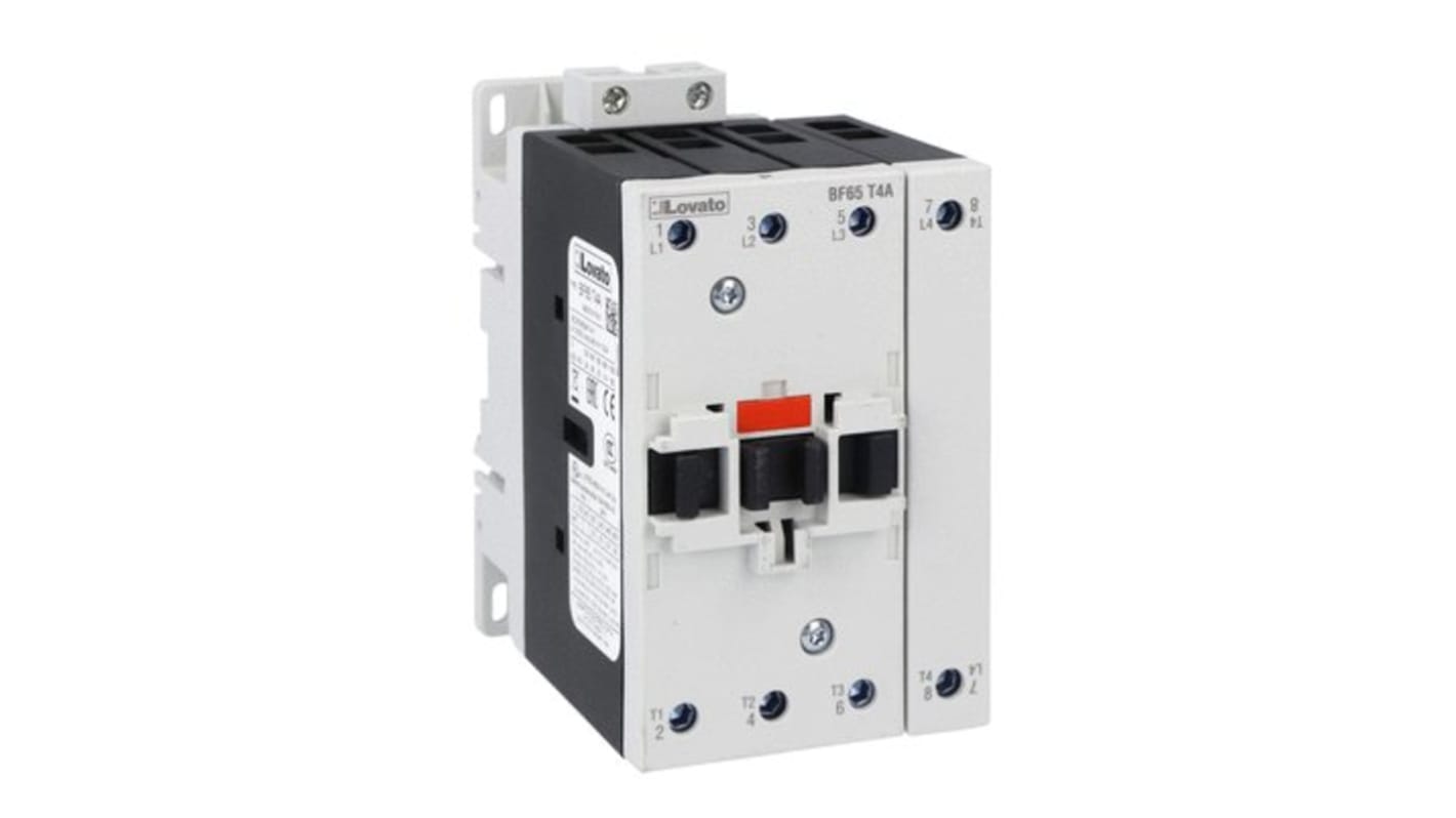 Contattore Lovato BF65T4A23060, 4 poli, 100 A, bobina 230 V c.a., per carichi non induttivi in applicazioni fotovoltaiche.