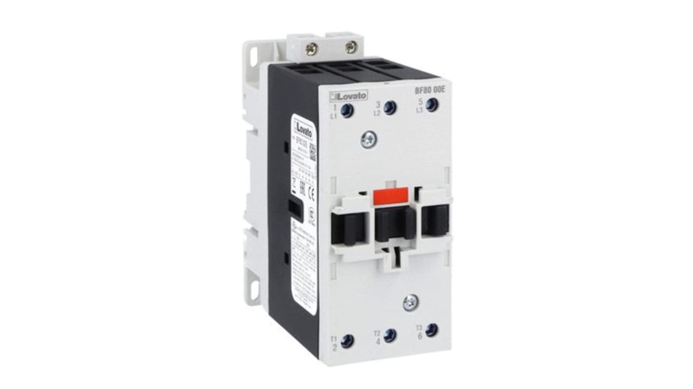 Contattore tripolare Lovato BF8000A22060, 80 A, 220 V c.a., tensione contatto 690 V, progettato per applicazioni industriali.