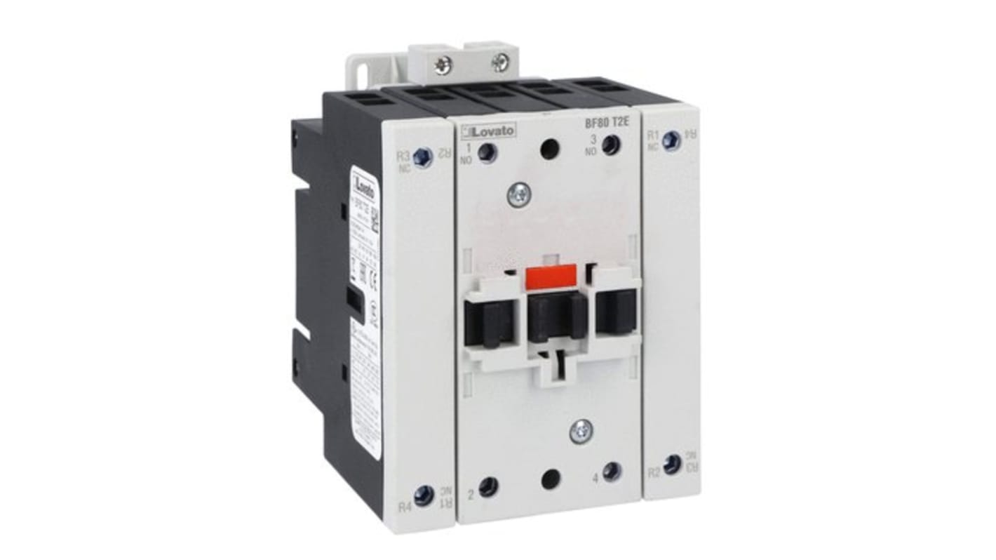 Contattore Lovato BF80T2E110, 4 poli, 2NO + 2NC, tensione bobina 110 V, corrente nominale 115 A, potenza 120 kW.
