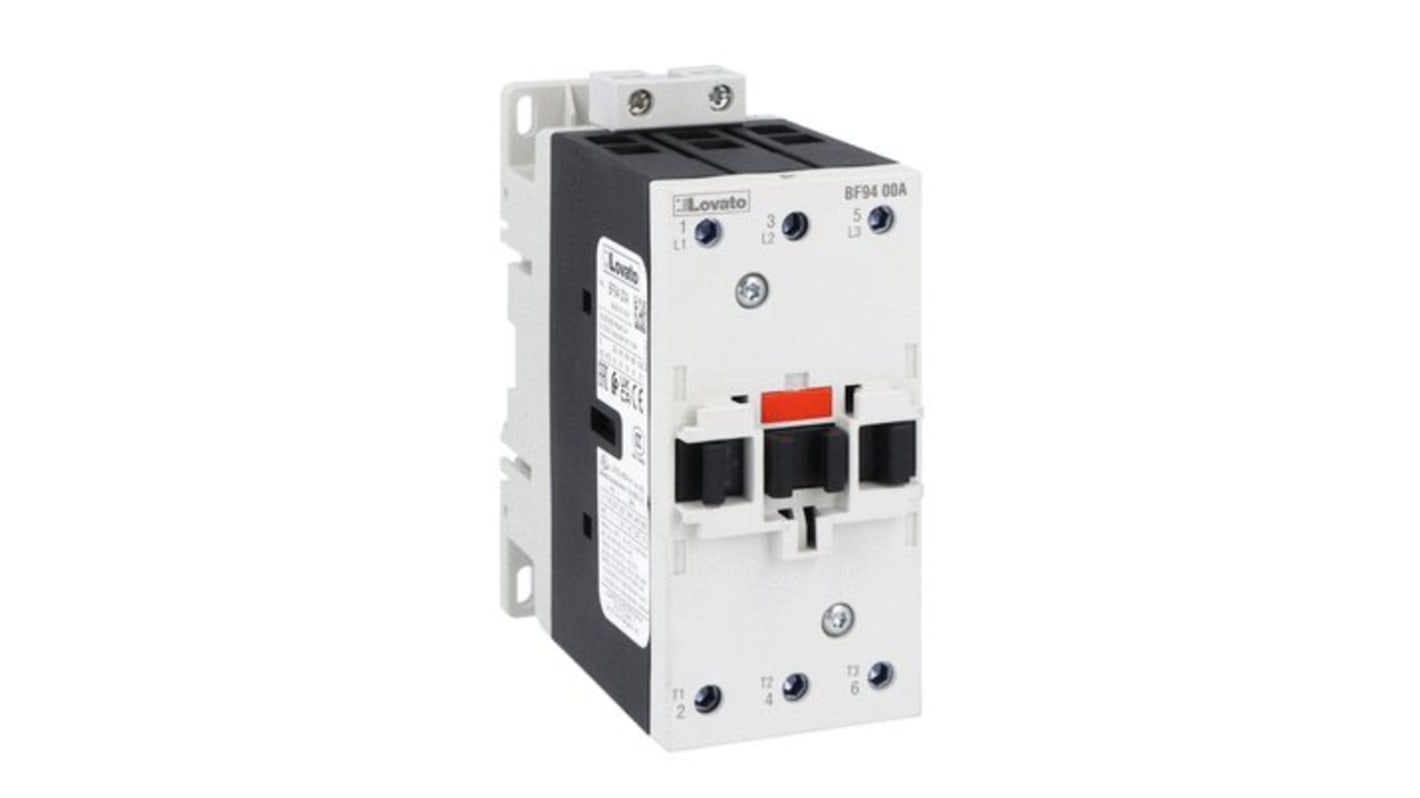 Contattore tripolare Lovato BF9400A12060, 3 poli, tensione bobina 120 V c.a., corrente nominale 94 A, potenza 55 kW.