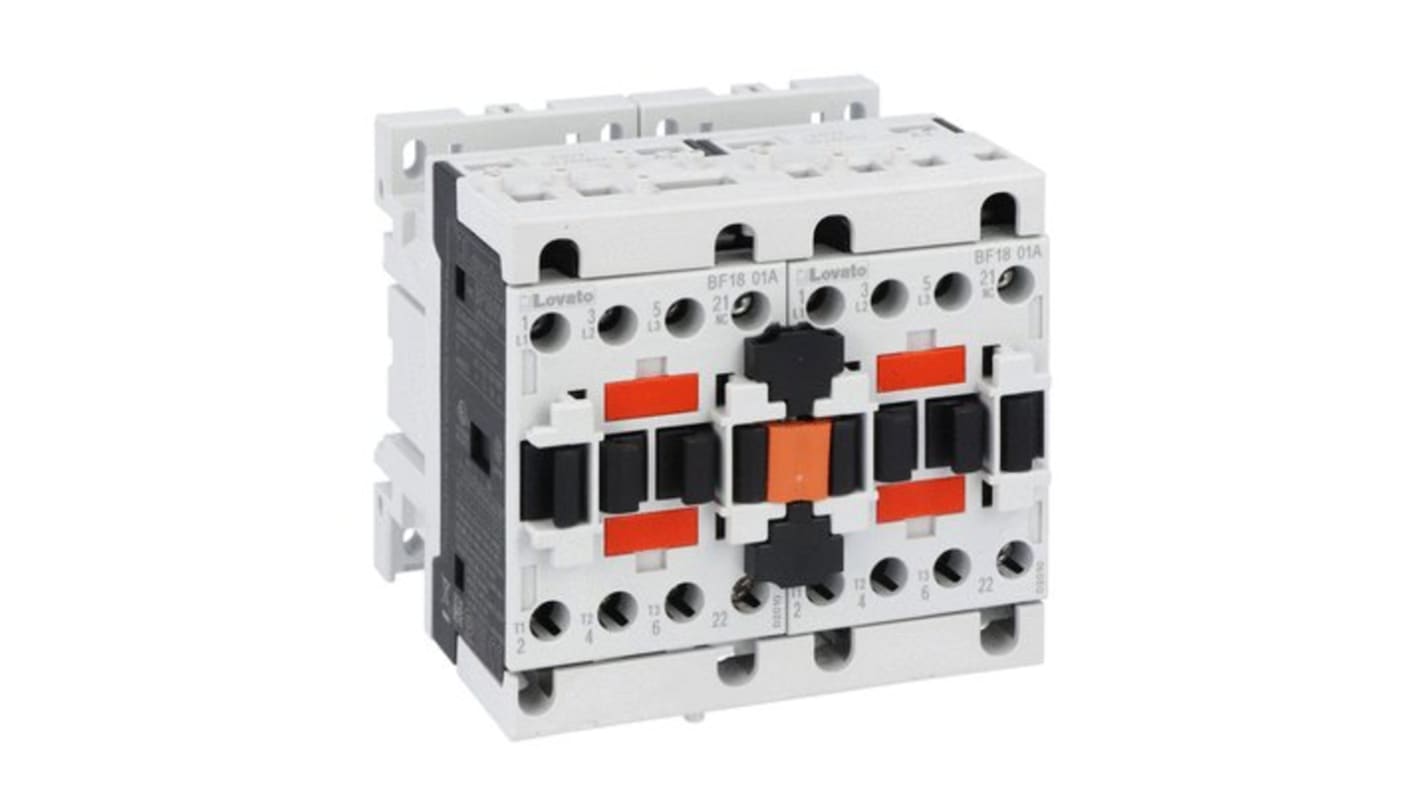 Teleinvertore Lovato BFA01842230, 3 poli, 18 A, bobina 230 V c.a., contatto ausiliario NC, certificato cULus.