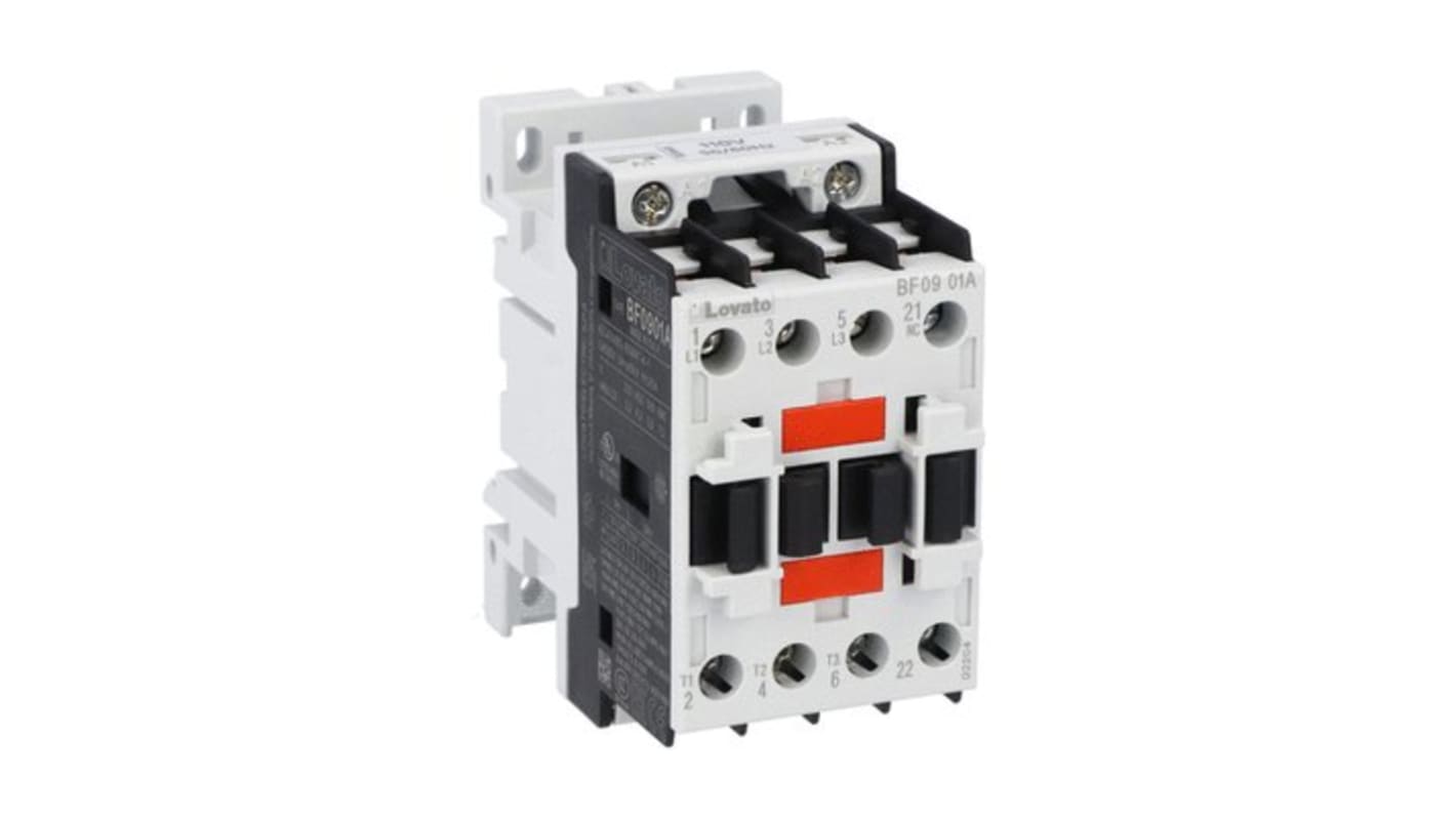 Contattore tripolare Lovato BF0901A02460, 3 poli, 9 A, bobina 24 V, tensione contatto 690 V, compatibile EMC.