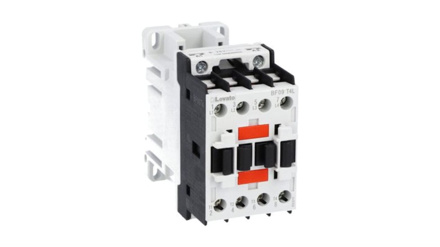 Contattore Lovato BF09T4L024, 4 poli, 25 A, bobina 24 V c.c., tensione contatto 690 V, progettato per applicazioni fotovoltaiche.