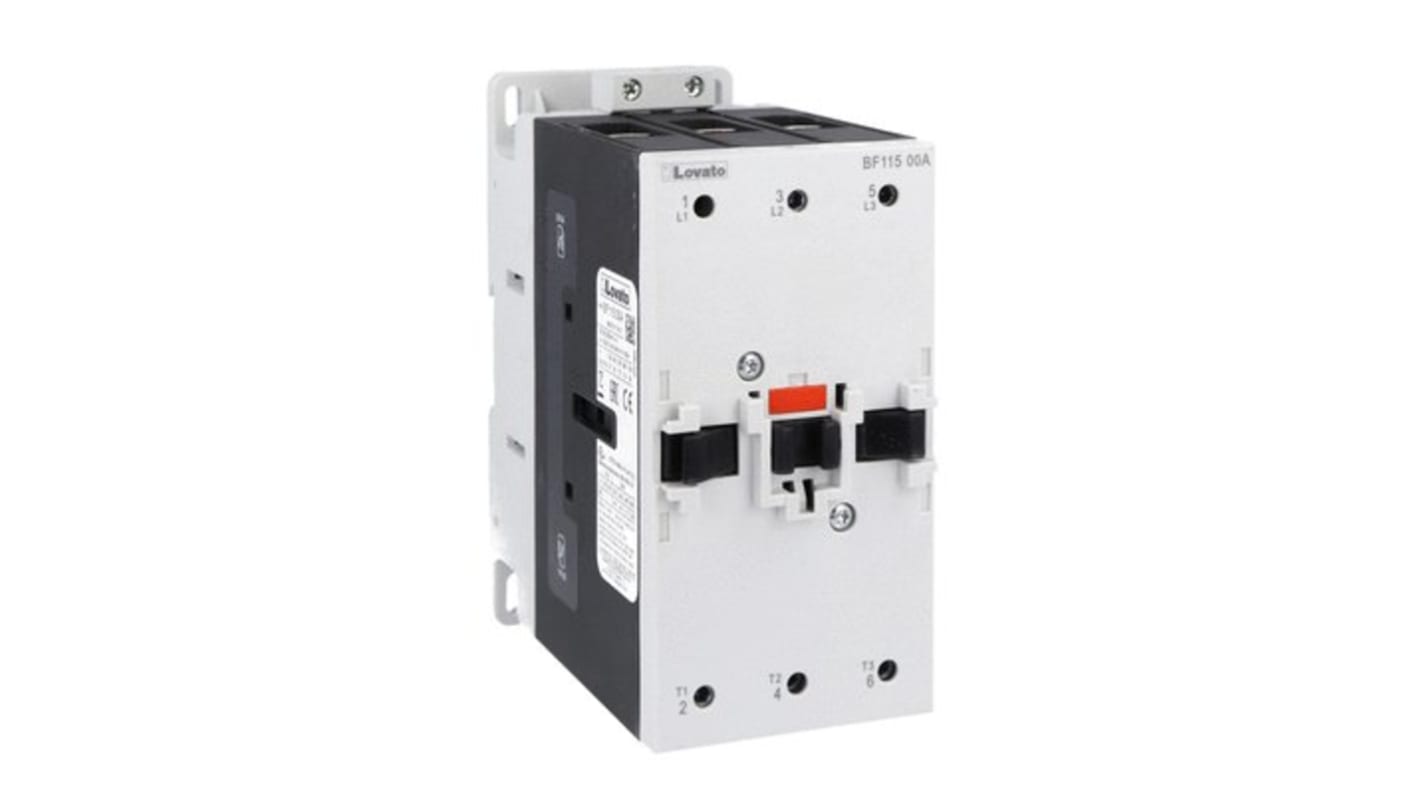 Contattore tripolare Lovato BF11500A12060, 120 V, 115 A, 55 kW, per applicazioni fotovoltaiche, conforme a CSA e UL.