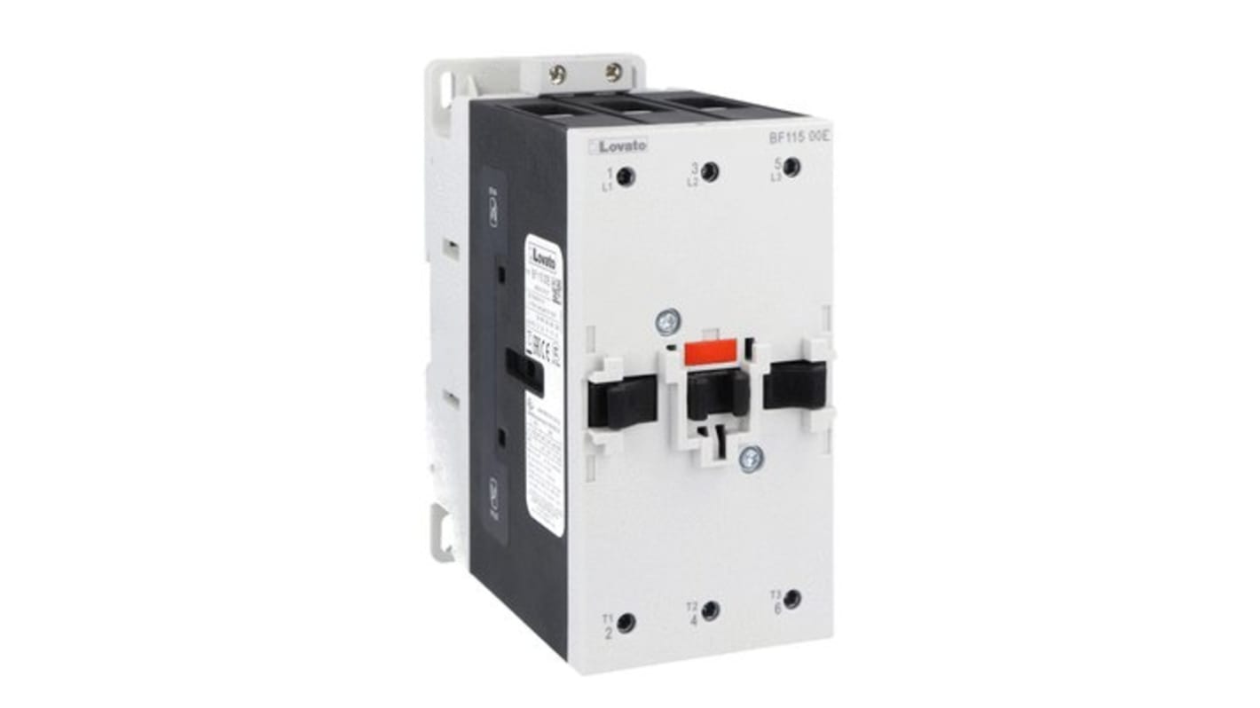 Contattore tripolare Lovato BF11500E110, 3 poli, 115 A, 690 V, progettato per applicazioni fotovoltaiche.