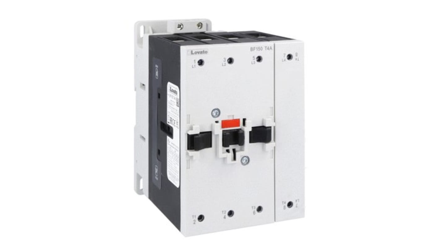 Contattore Lovato BF150T4A048, 4 poli, 165 A, 10 kW, bobina 48 V, progettato per applicazioni fotovoltaiche.