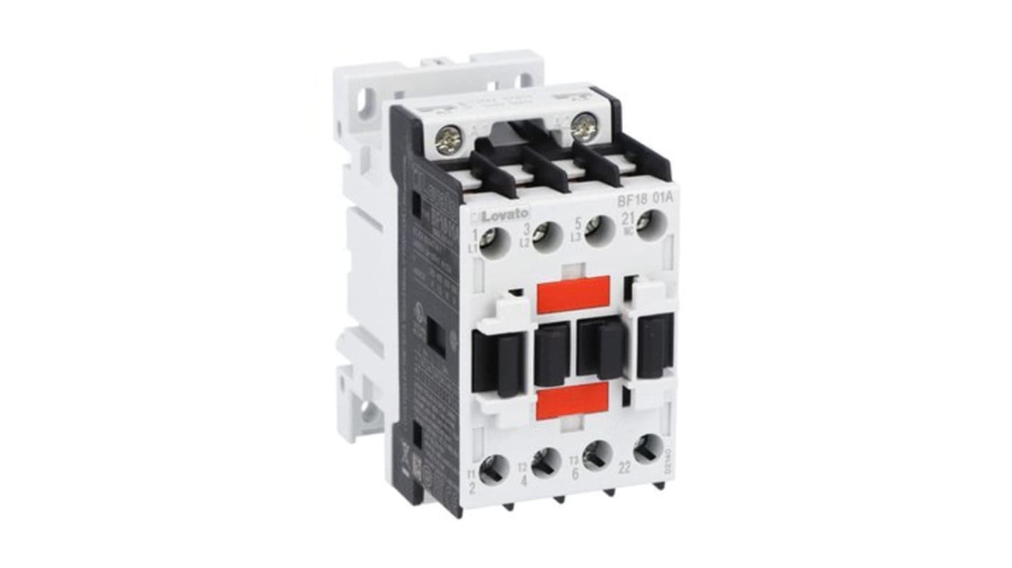 Contattore tripolare Lovato BF1801A04860, 3 poli, 48 V c.a., 18 A, fusibile integrato, contatti a specchio.