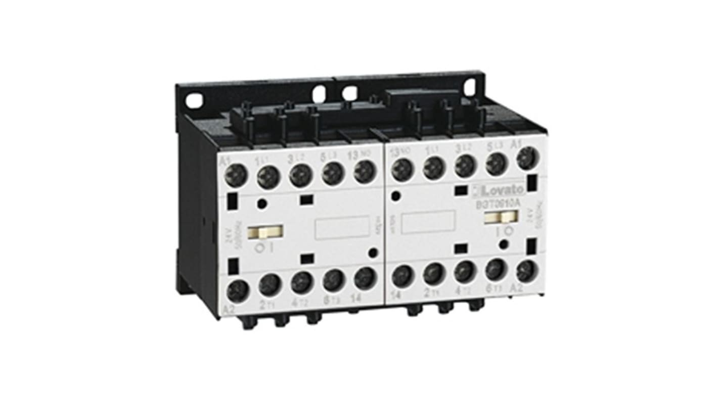 Teleinvertore Lovato 11BGT1210A02460, serie BGT12, 3 poli, 12 A, 24 V c.a., con contatto ausiliario e interblocco.