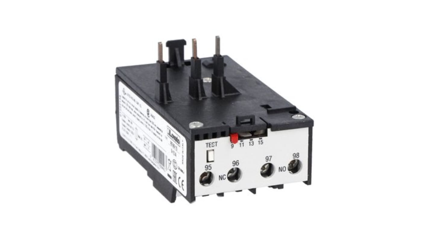 Relè di controllo Lovato 11RFA915, 1NO + 1NC, carico FLC 15 A, tensione 690 V, con reset automatico e pulsante di prova.