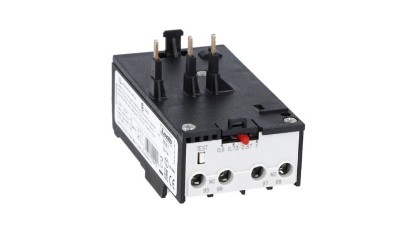 Relè di controllo Lovato 11RFA975, 1NO + 1NC, 7,5 A, tensione 690 V, con reset automatico e indicatore di attivazione.