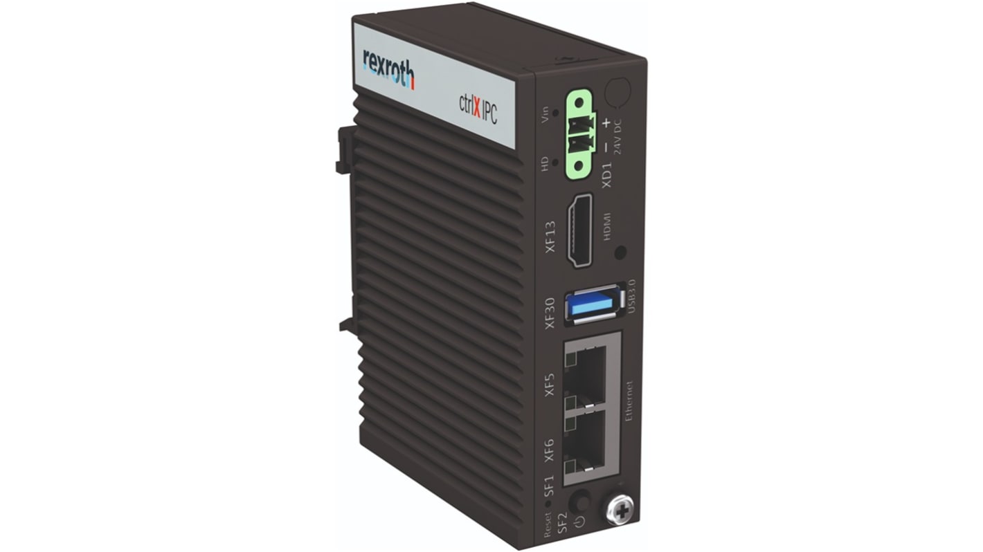 Computer industriale Bosch Rexroth R911389076 ctrlX IPC PR21, processore Intel Atom, montaggio su guida DIN, dimensioni 100 x 30 x 81,5 mm.