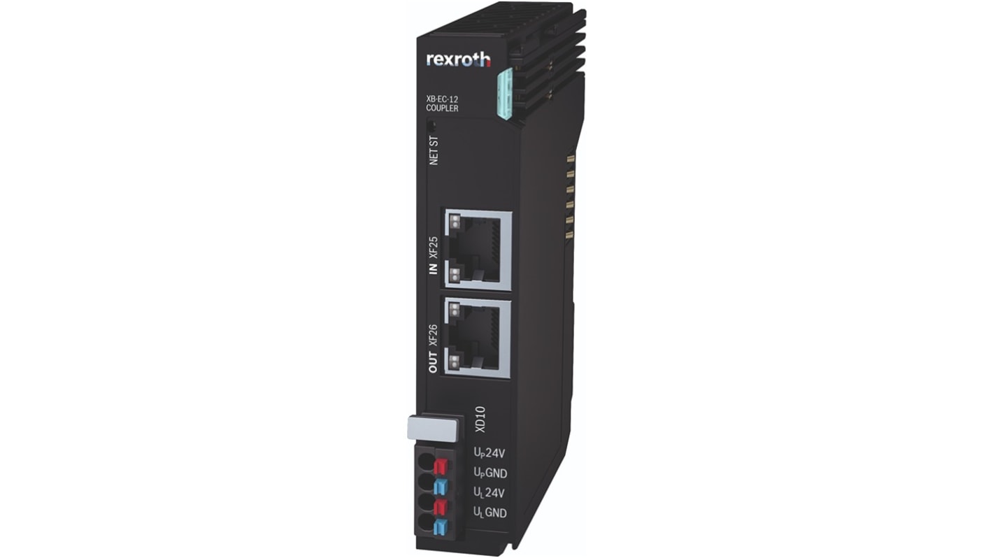 Accoppiatore bus Bosch Rexroth R911406090 per EtherCAT Master, alimentazione 24 V c.c., montaggio su guida DIN, temperatura operativa -25/+55 °C.