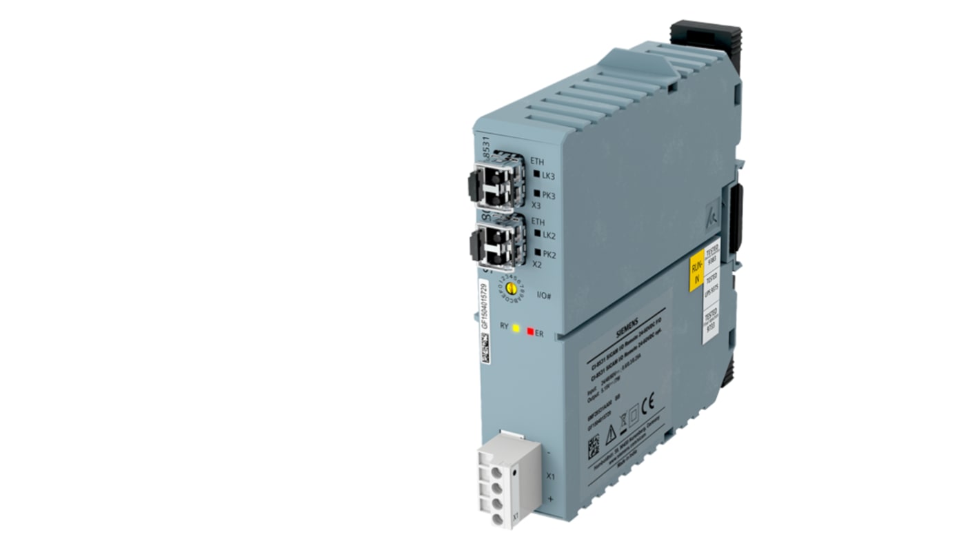 Modulo Ethernet Siemens 6MF2853-1AA00 per A8000, con due interfacce in fibra ottica e alimentatore integrato. Montaggio su guida standard.